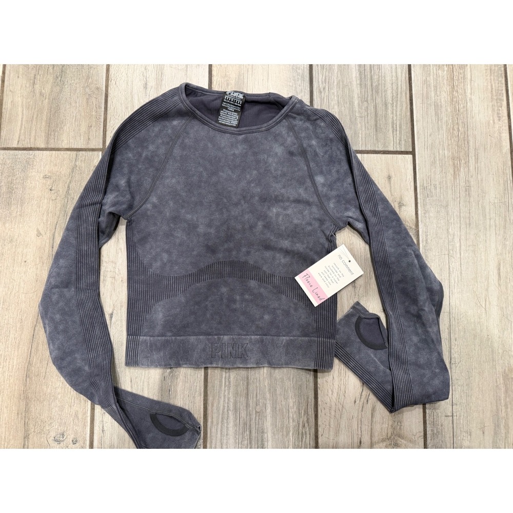 Victorias Secret PINK Seamless Fleece Lined Long Sleeve Top Grey Acid Wash XS